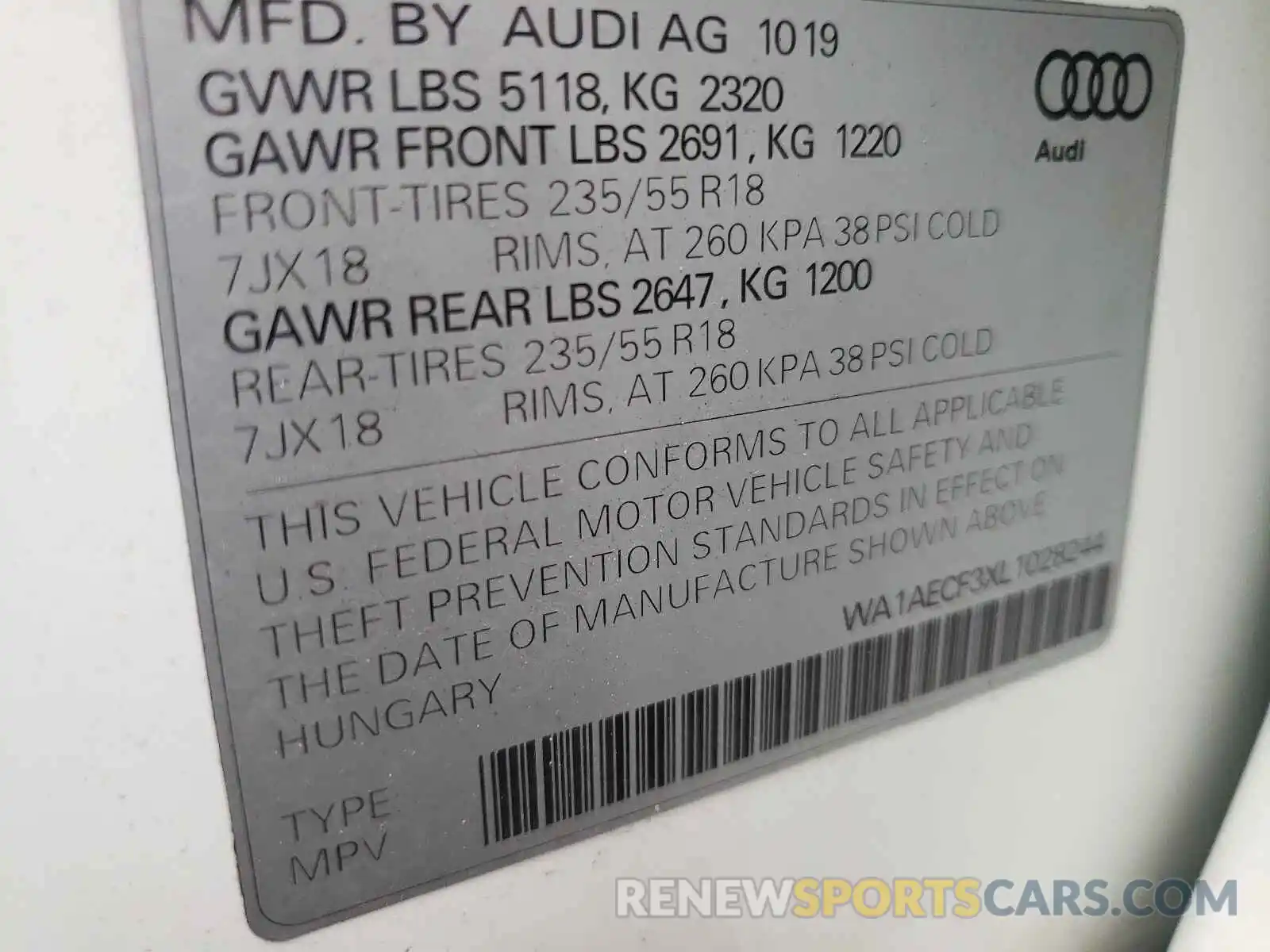 10 Photograph of a damaged car WA1AECF3XL1028244 AUDI Q3 2020