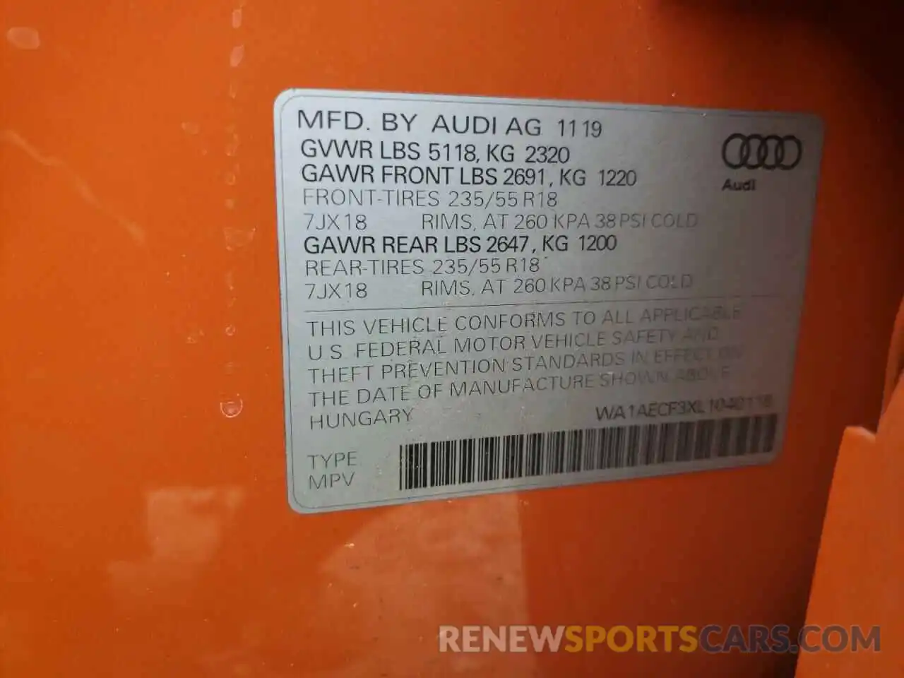 10 Photograph of a damaged car WA1AECF3XL1040118 AUDI Q3 2020