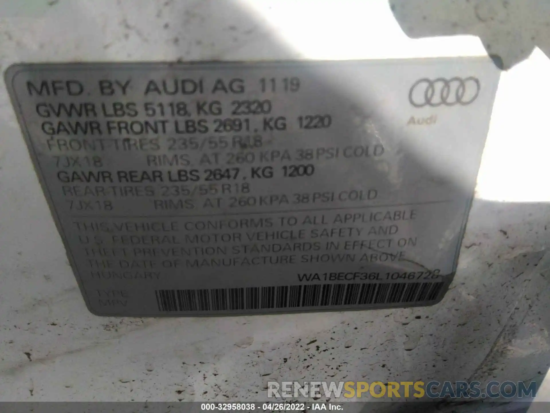 9 Photograph of a damaged car WA1BECF36L1046728 AUDI Q3 2020