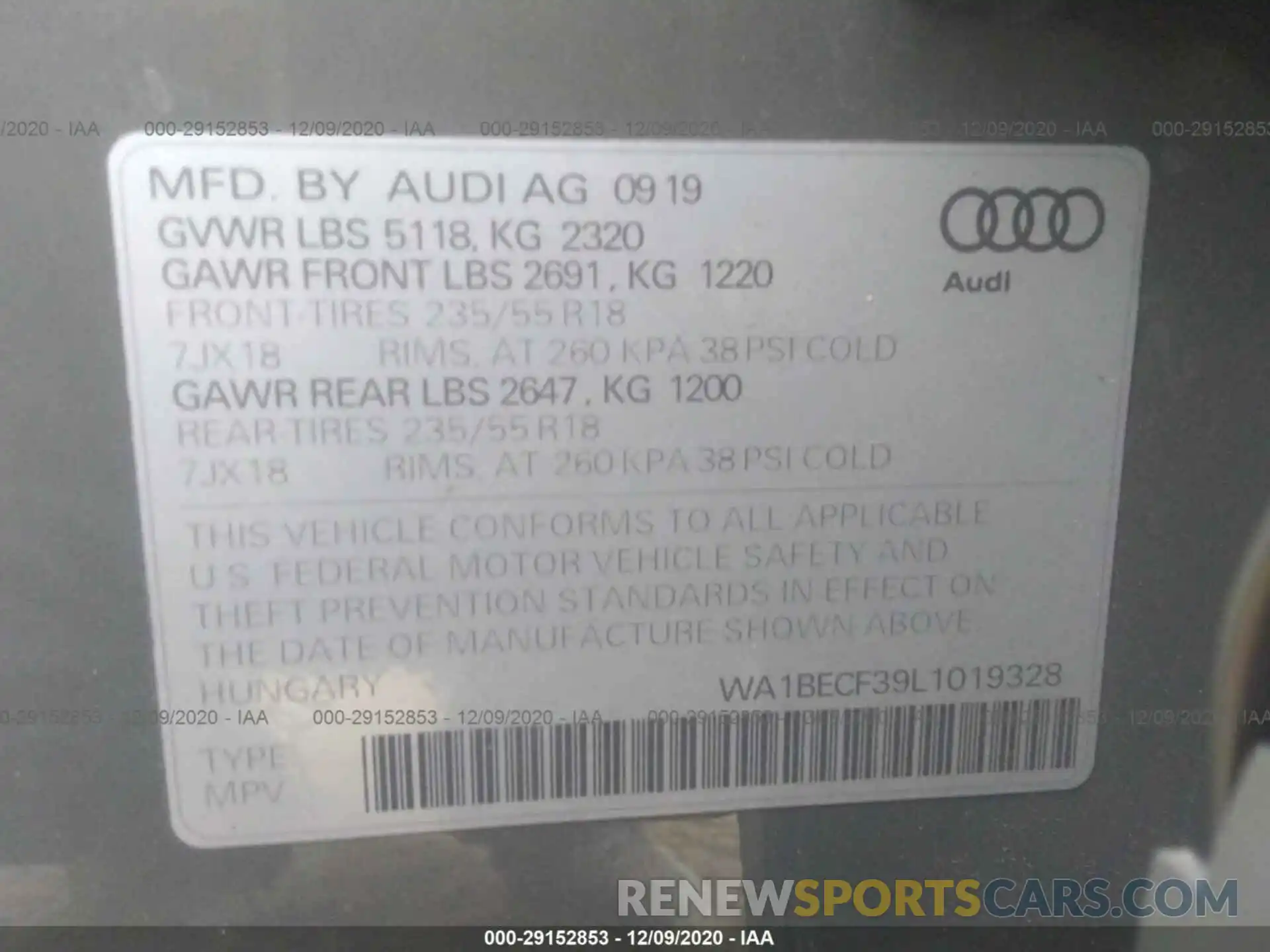 9 Photograph of a damaged car WA1BECF39L1019328 AUDI Q3 2020