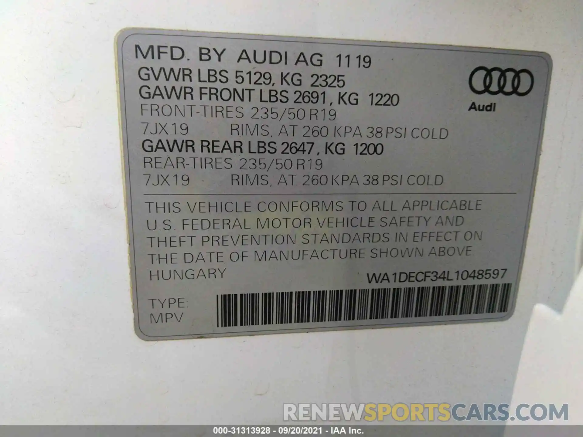 9 Фотография поврежденного автомобиля WA1DECF34L1048597 AUDI Q3 2020