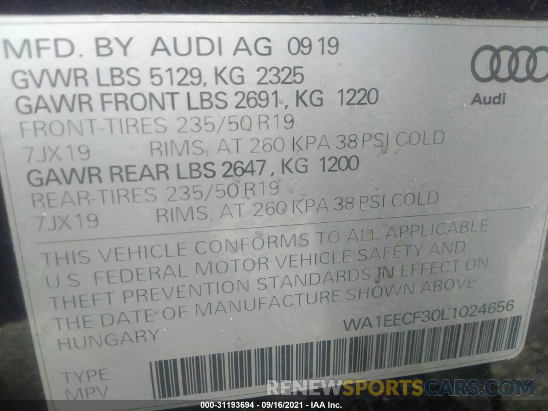 9 Фотография поврежденного автомобиля WA1EECF30L1024656 AUDI Q3 2020