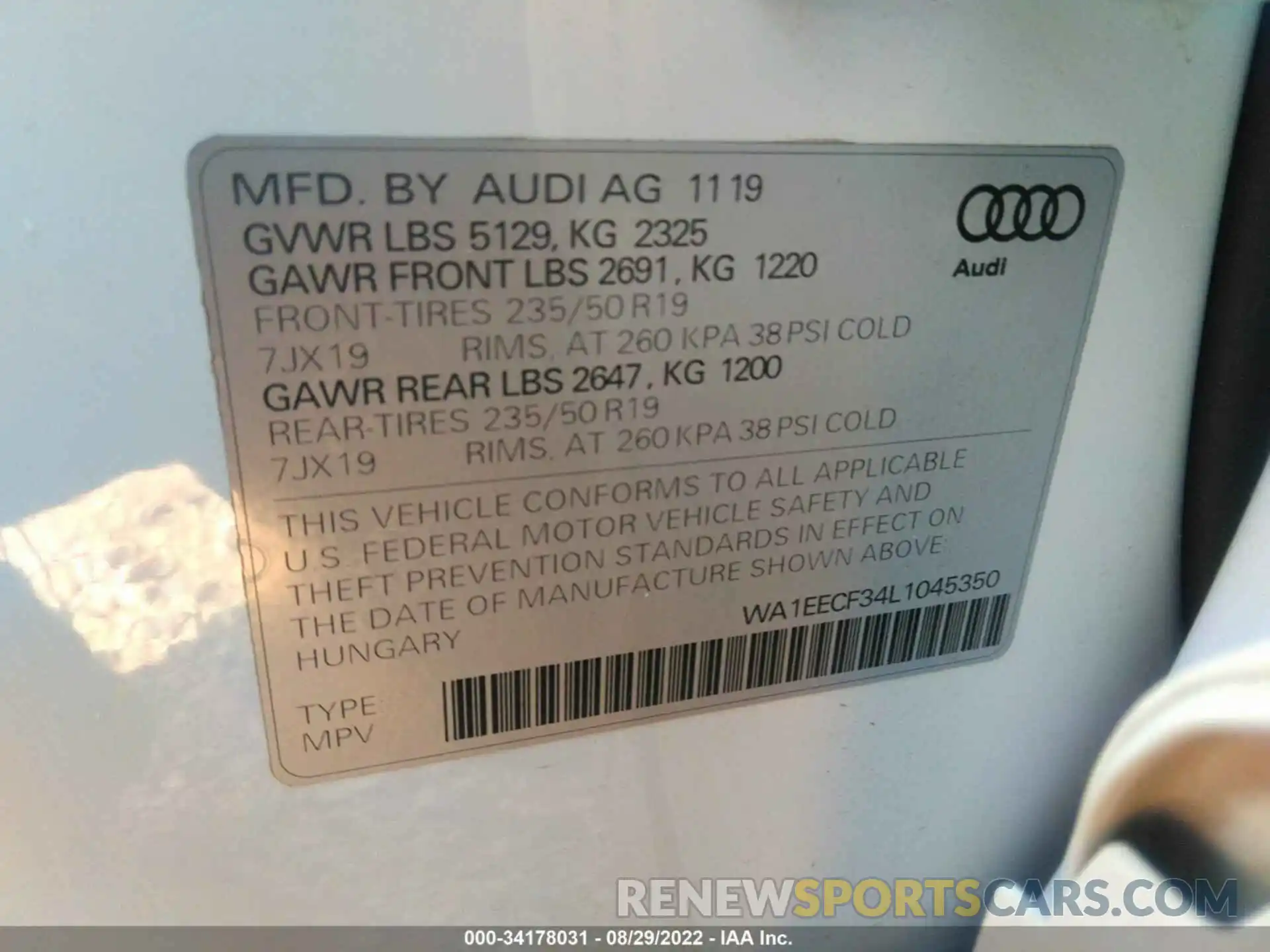 9 Фотография поврежденного автомобиля WA1EECF34L1045350 AUDI Q3 2020