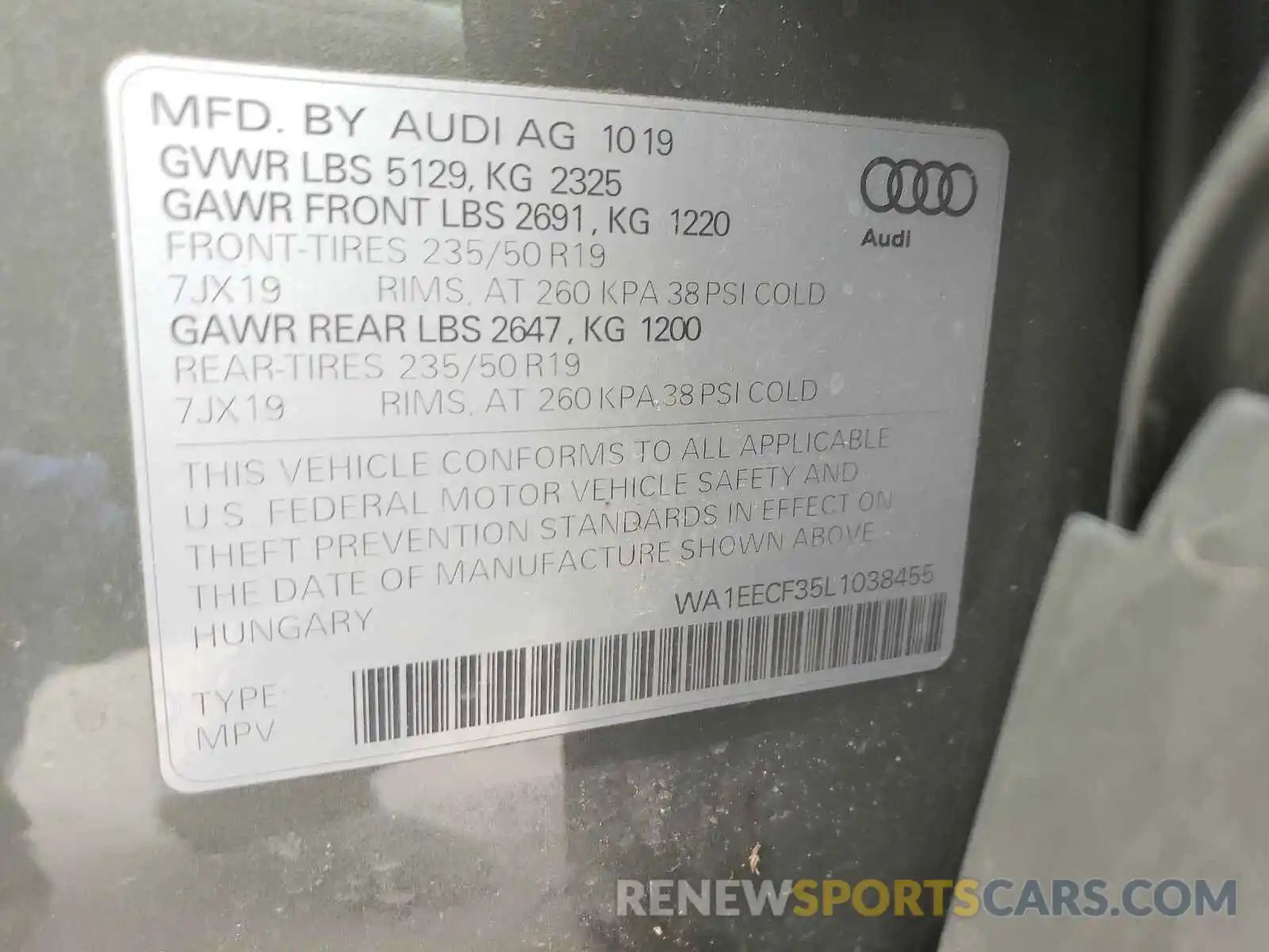 10 Фотография поврежденного автомобиля WA1EECF35L1038455 AUDI Q3 2020