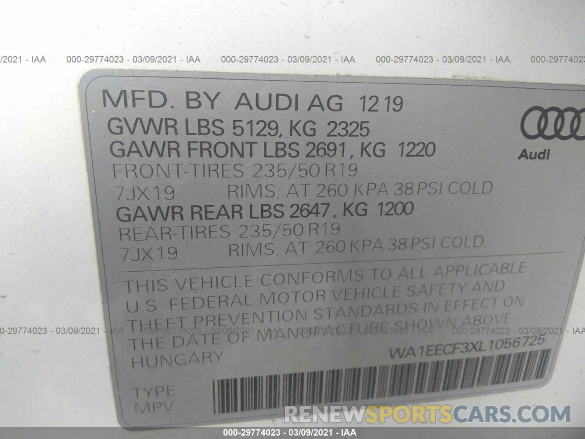 9 Photograph of a damaged car WA1EECF3XL1056725 AUDI Q3 2020