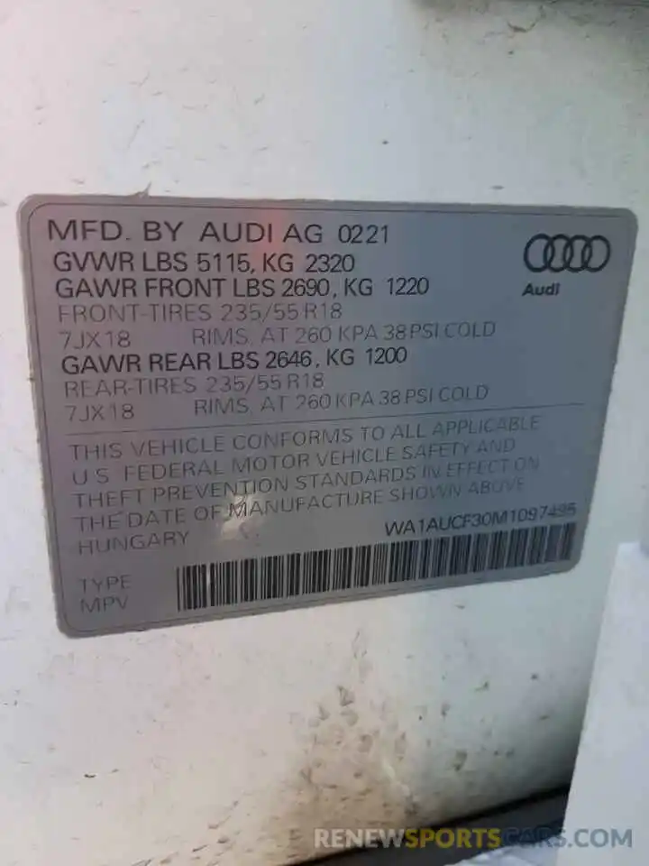 10 Photograph of a damaged car WA1AUCF30M1097495 AUDI Q3 2021