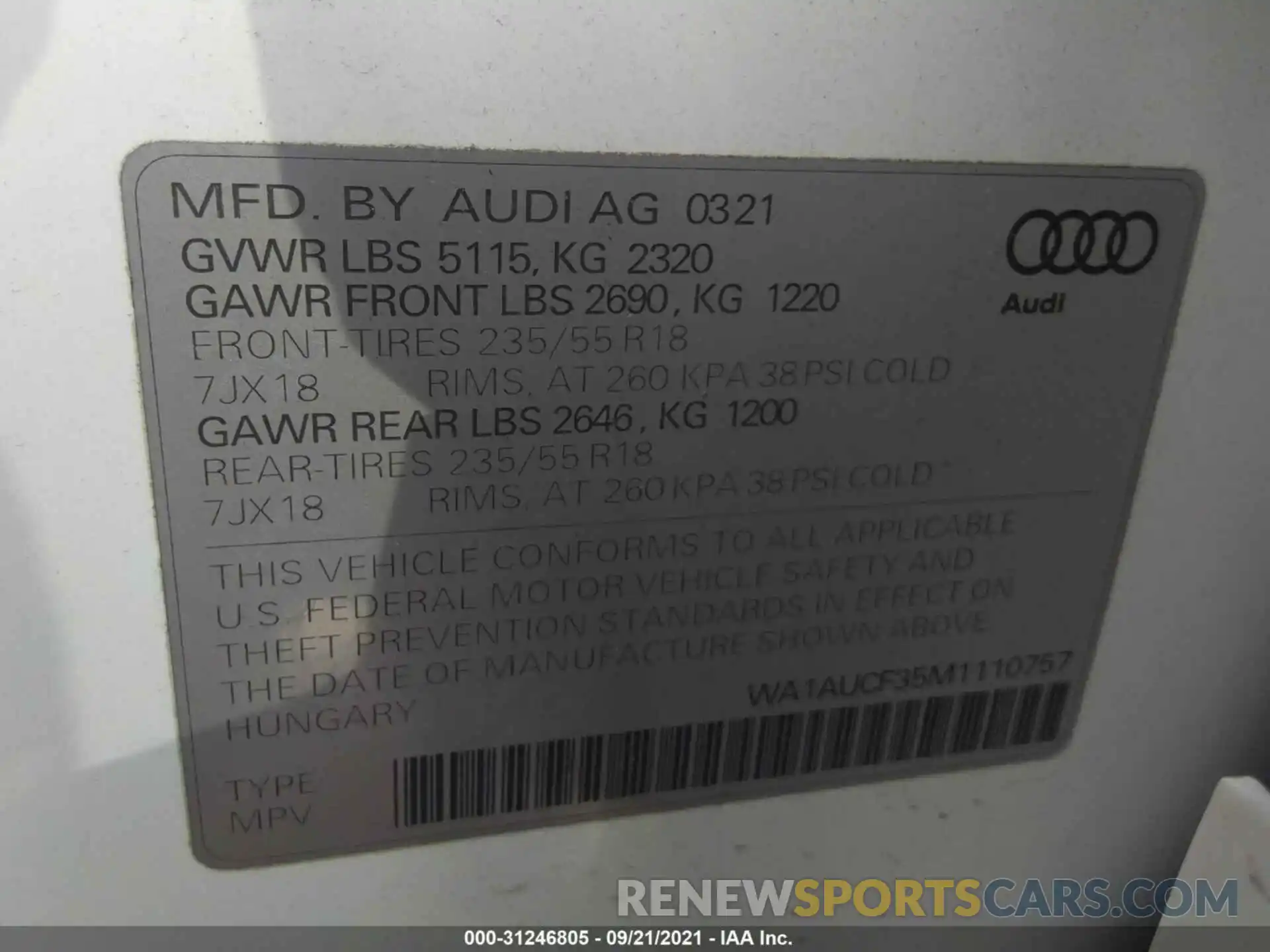 9 Photograph of a damaged car WA1AUCF35M1110757 AUDI Q3 2021