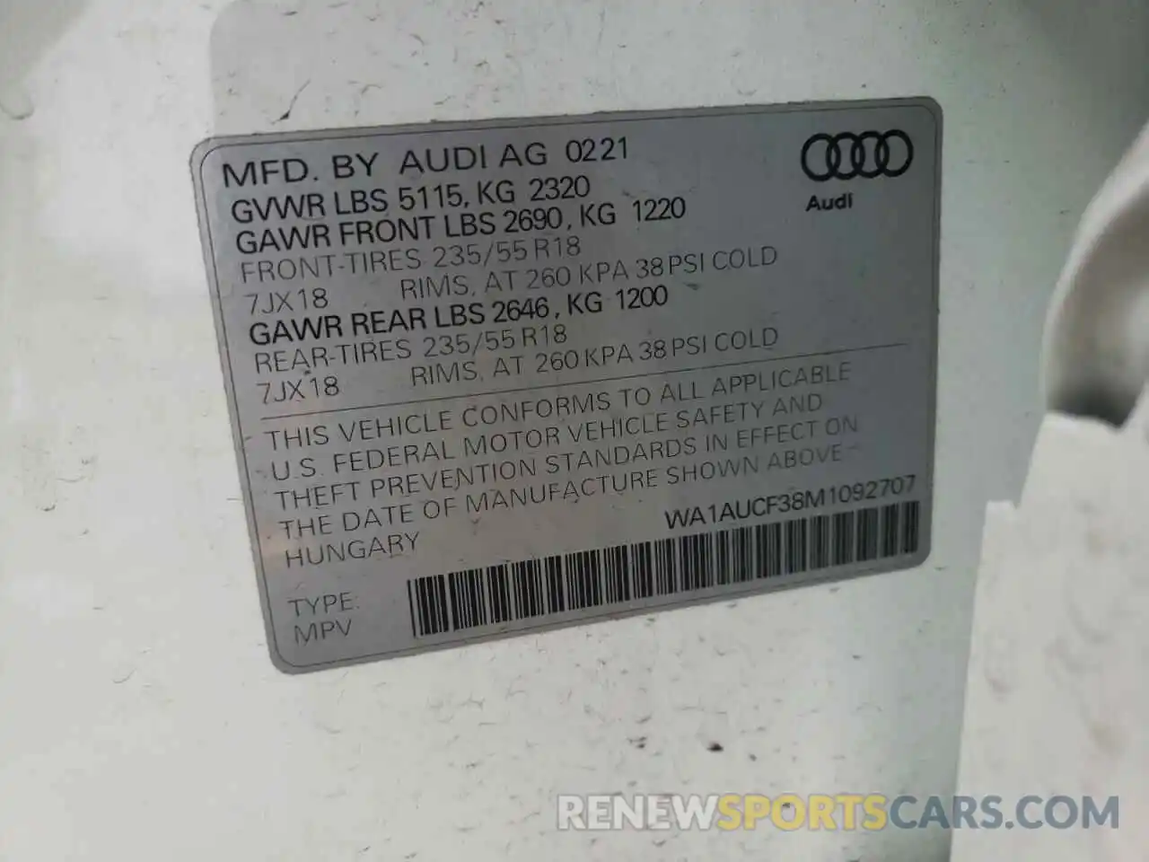 10 Photograph of a damaged car WA1AUCF38M1092707 AUDI Q3 2021