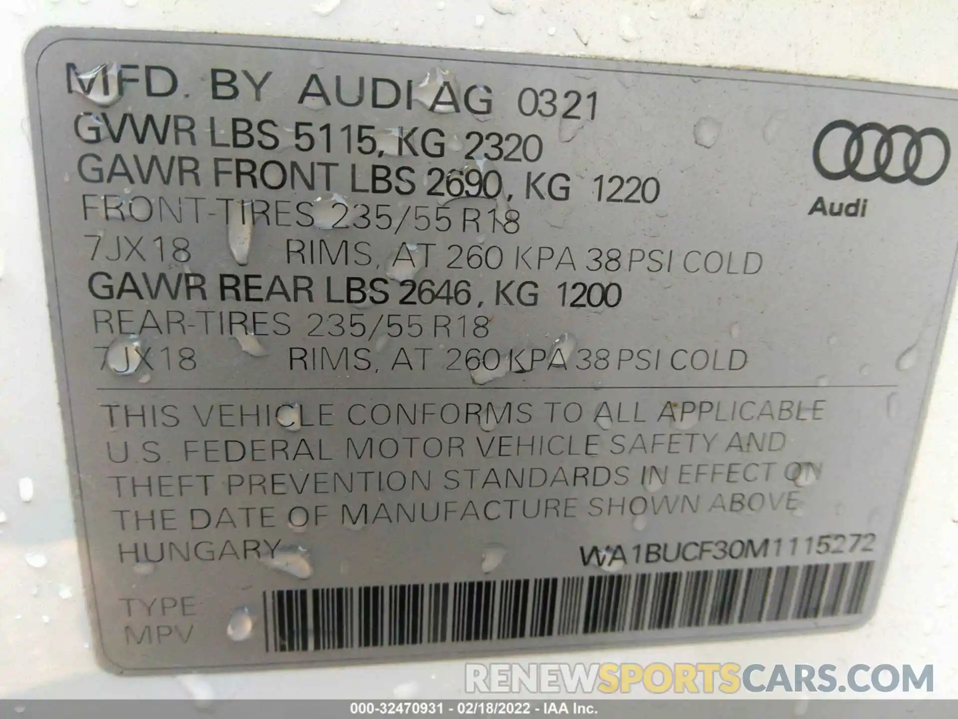 9 Photograph of a damaged car WA1BUCF30M1115272 AUDI Q3 2021