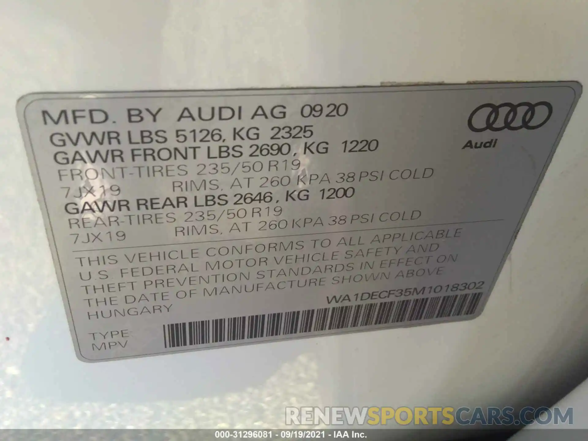 9 Фотография поврежденного автомобиля WA1DECF35M1018302 AUDI Q3 2021