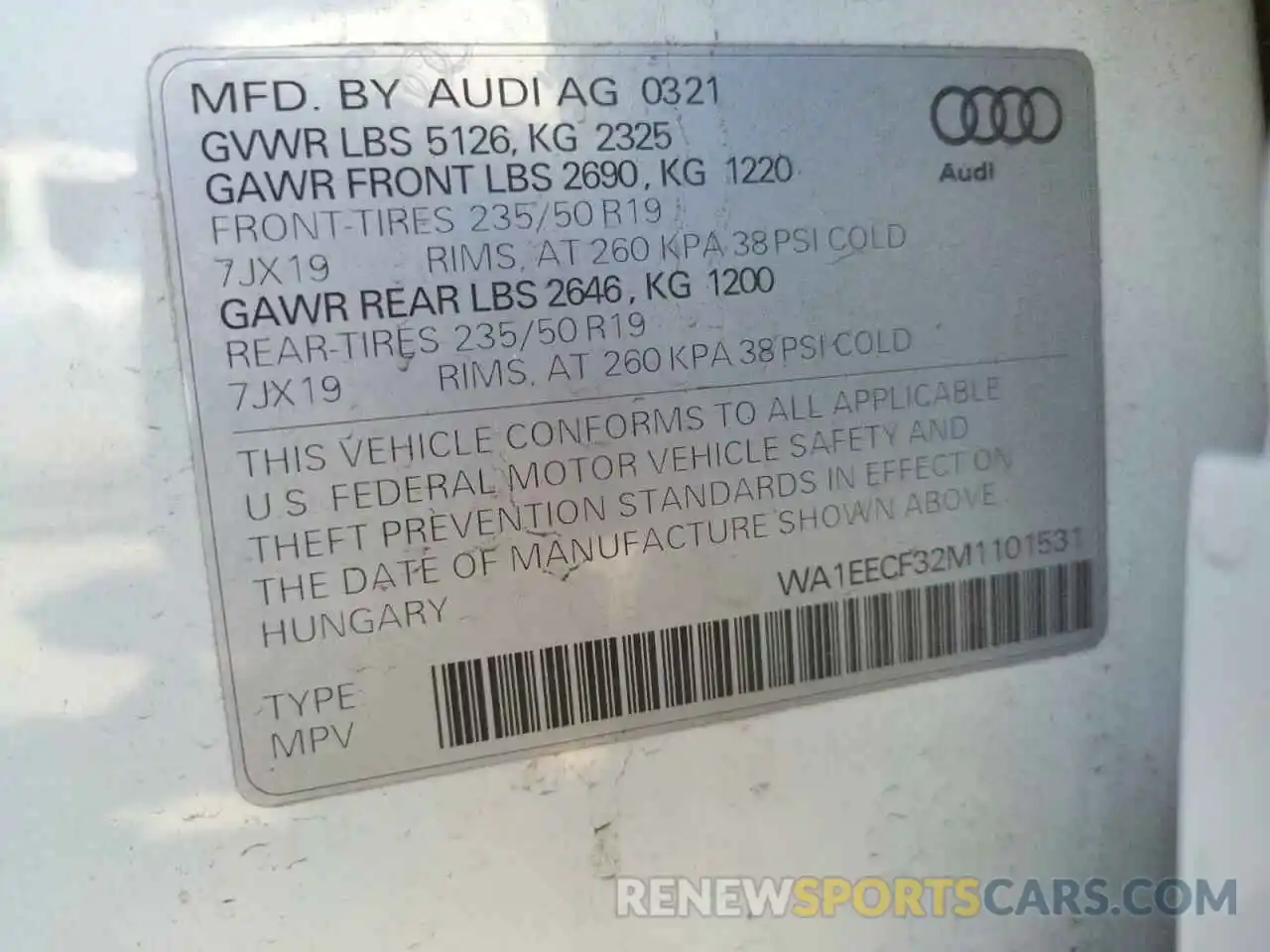 10 Photograph of a damaged car WA1EECF32M1101531 AUDI Q3 2021