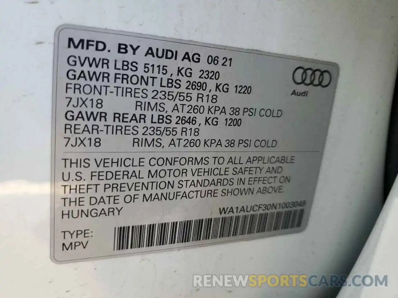 10 Photograph of a damaged car WA1AUCF30N1003049 AUDI Q3 2022