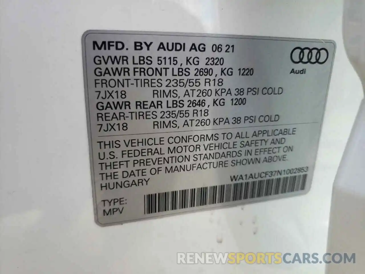 10 Photograph of a damaged car WA1AUCF37N1002853 AUDI Q3 2022