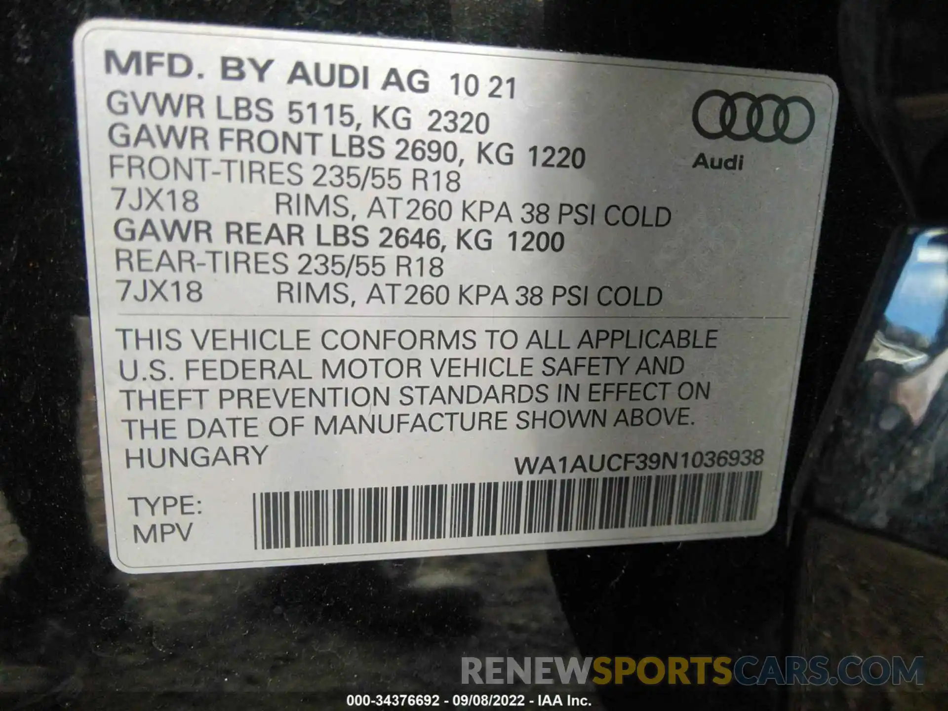 9 Photograph of a damaged car WA1AUCF39N1036938 AUDI Q3 2022