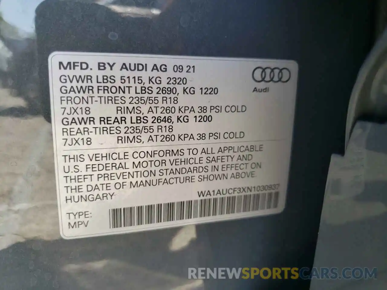 10 Photograph of a damaged car WA1AUCF3XN1030937 AUDI Q3 2022