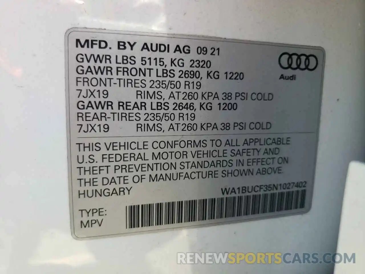 10 Photograph of a damaged car WA1BUCF35N1027402 AUDI Q3 2022