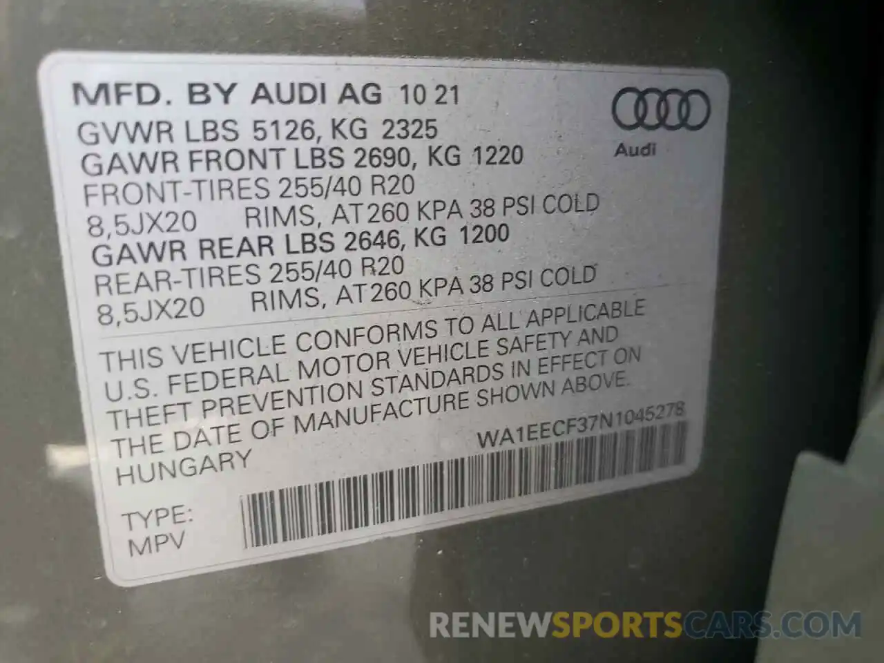 10 Photograph of a damaged car WA1EECF37N1045278 AUDI Q3 2022