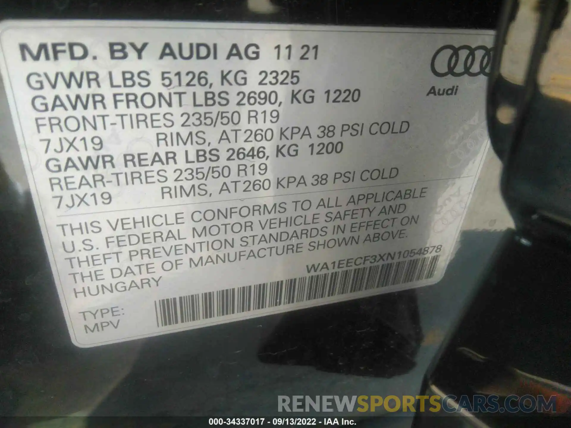 9 Photograph of a damaged car WA1EECF3XN1054878 AUDI Q3 2022