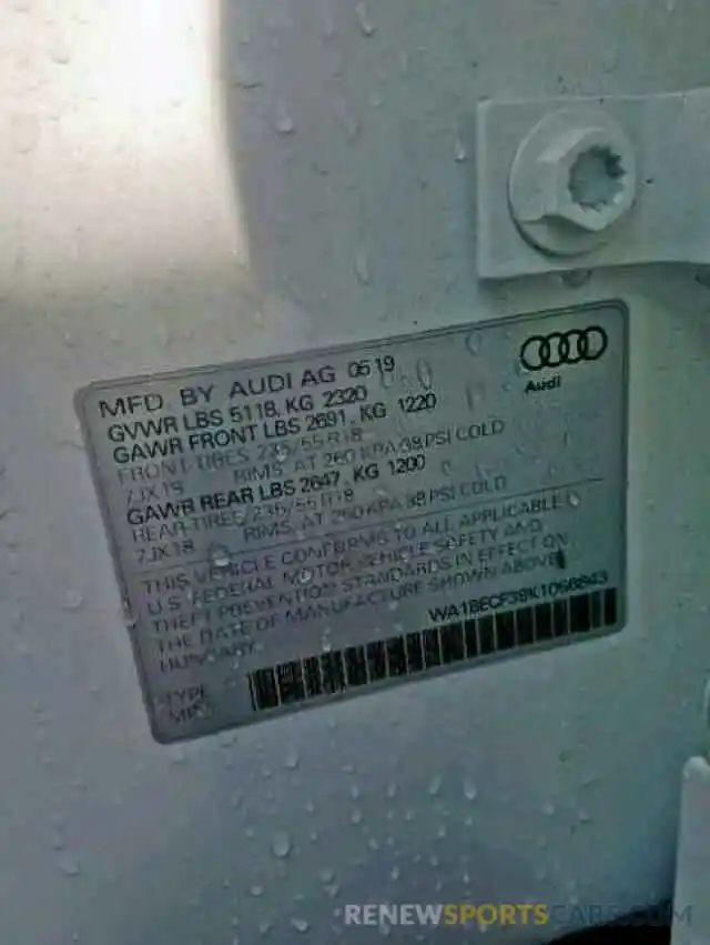 10 Photograph of a damaged car WA1BECF39K1066843 AUDI Q3 PREMIUM 2019