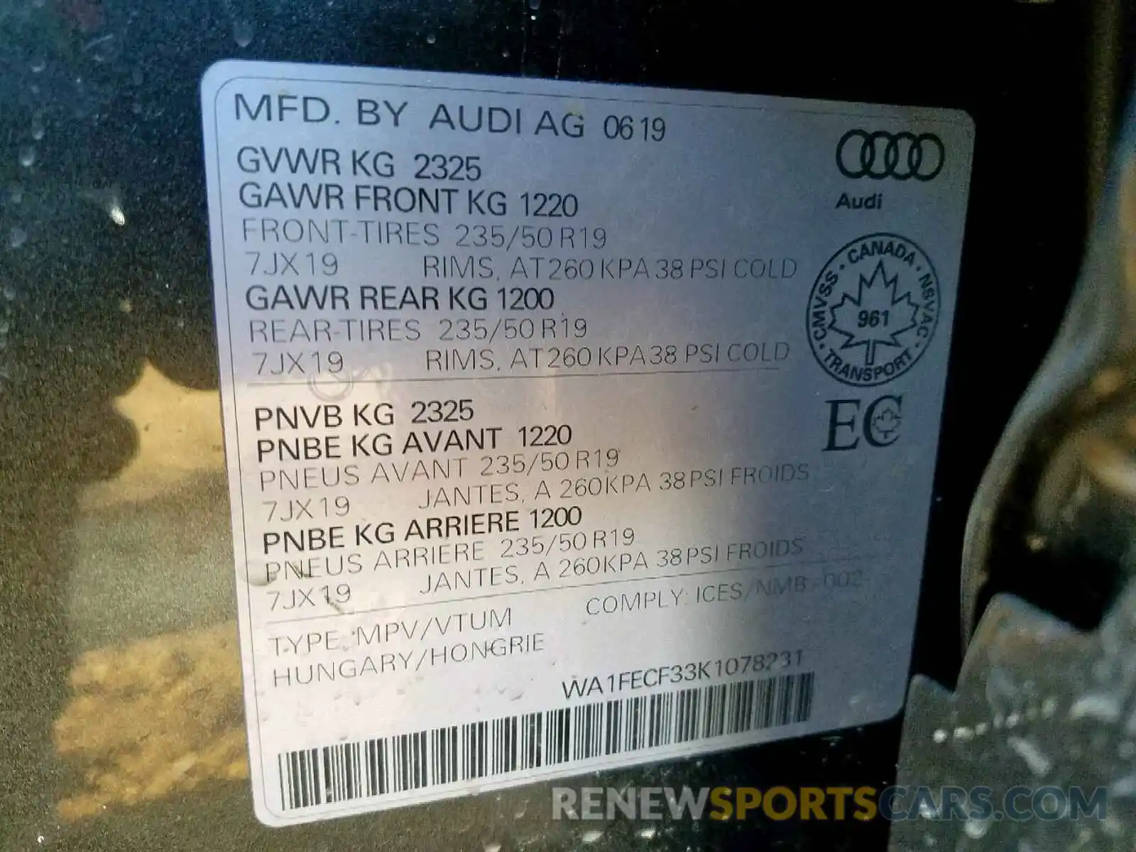 10 Photograph of a damaged car WA1FECF33K1078231 AUDI Q3 PRESTIG 2019