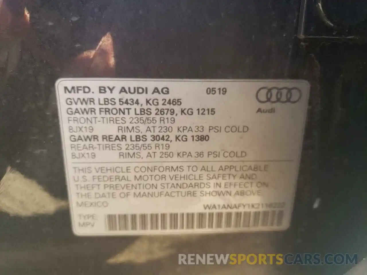 10 Фотография поврежденного автомобиля WA1ANAFY1K2116222 AUDI Q5 2019