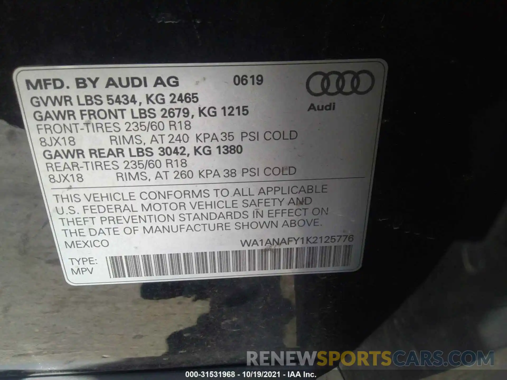 9 Фотография поврежденного автомобиля WA1ANAFY1K2125776 AUDI Q5 2019