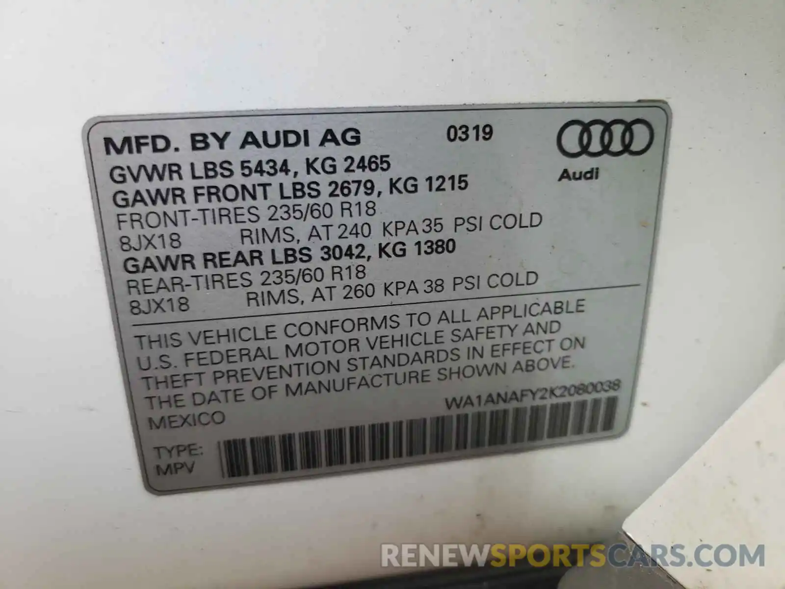 10 Photograph of a damaged car WA1ANAFY2K2080038 AUDI Q5 2019