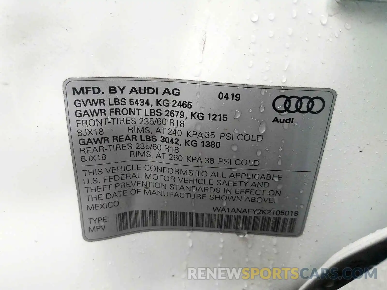 10 Фотография поврежденного автомобиля WA1ANAFY2K2105018 AUDI Q5 2019