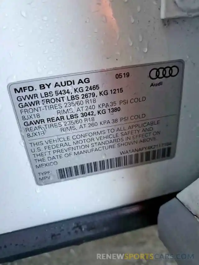 10 Photograph of a damaged car WA1ANAFY4K2117154 AUDI Q5 2019