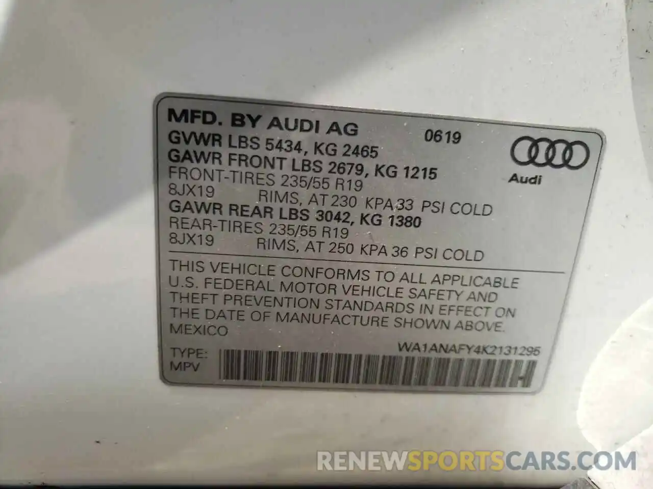 10 Фотография поврежденного автомобиля WA1ANAFY4K2131295 AUDI Q5 2019