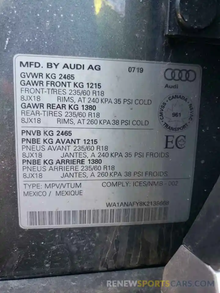 10 Photograph of a damaged car WA1ANAFY8K2138668 AUDI Q5 2019