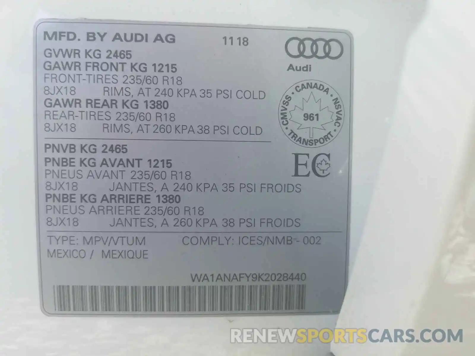 10 Photograph of a damaged car WA1ANAFY9K2028440 AUDI Q5 2019