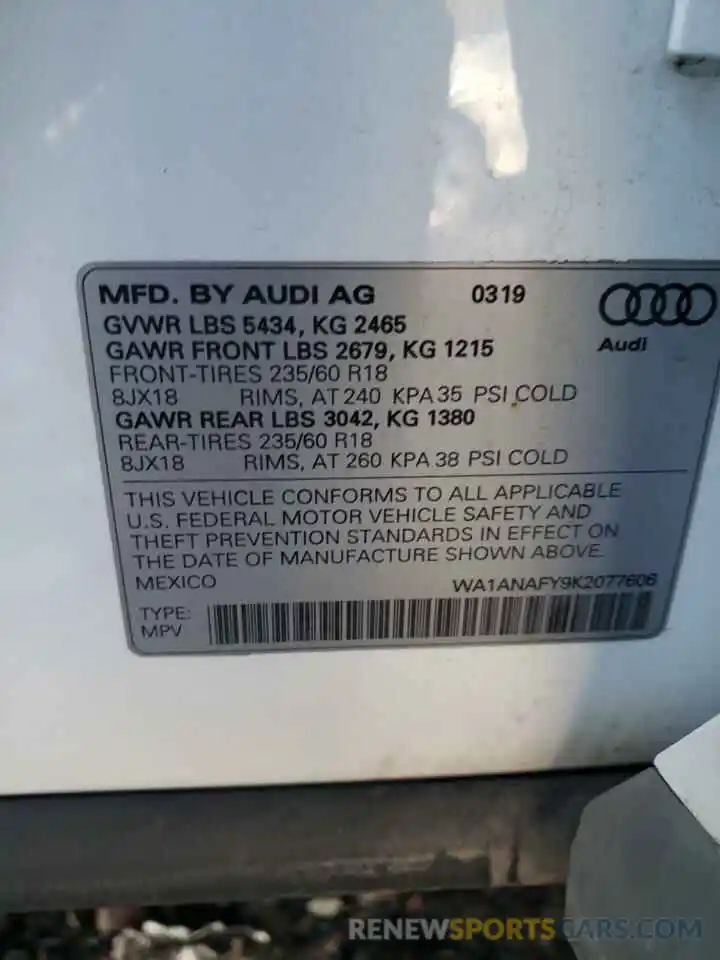 10 Photograph of a damaged car WA1ANAFY9K2077606 AUDI Q5 2019