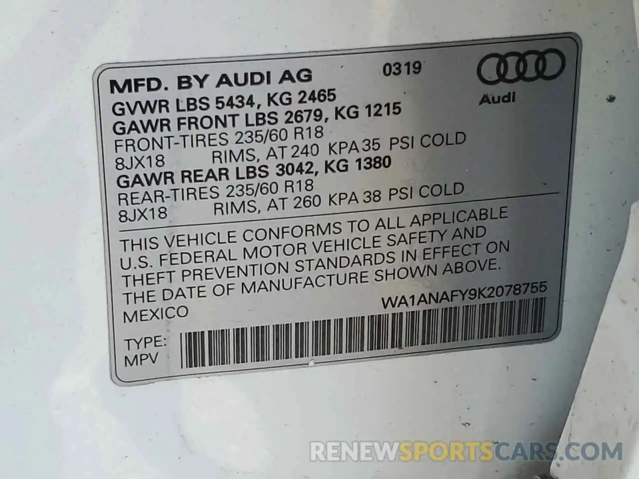 10 Photograph of a damaged car WA1ANAFY9K2078755 AUDI Q5 2019