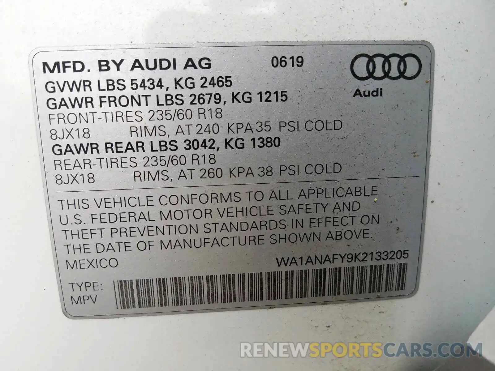 10 Photograph of a damaged car WA1ANAFY9K2133205 AUDI Q5 2019