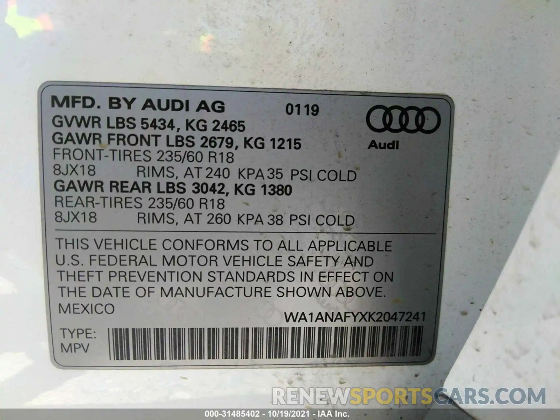 9 Фотография поврежденного автомобиля WA1ANAFYXK2047241 AUDI Q5 2019