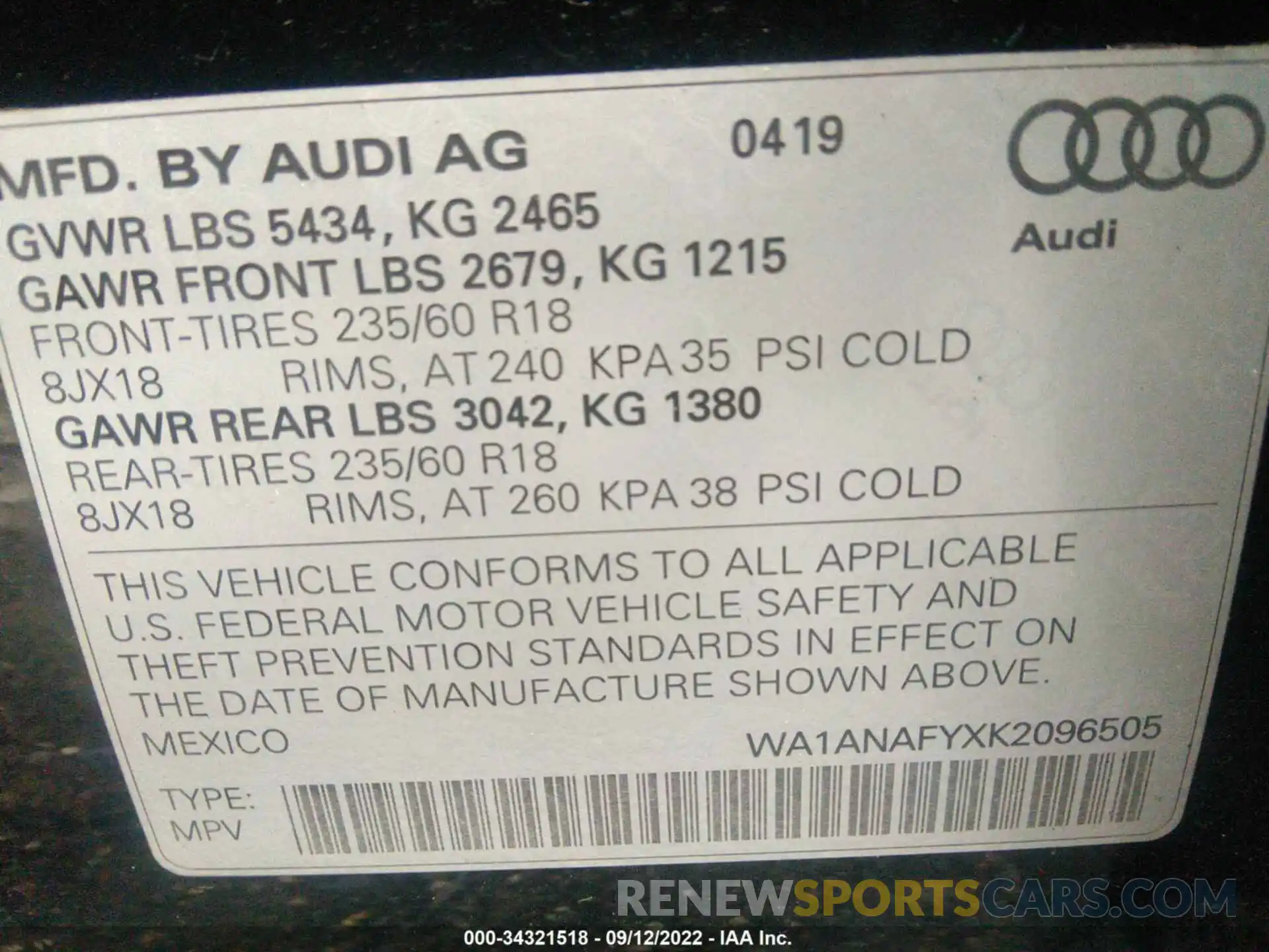 9 Photograph of a damaged car WA1ANAFYXK2096505 AUDI Q5 2019