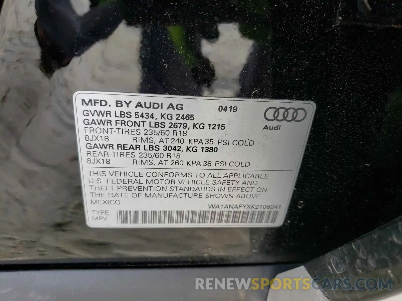 10 Фотография поврежденного автомобиля WA1ANAFYXK2106241 AUDI Q5 2019