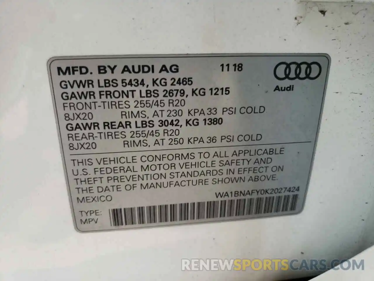 10 Фотография поврежденного автомобиля WA1BNAFY0K2027424 AUDI Q5 2019