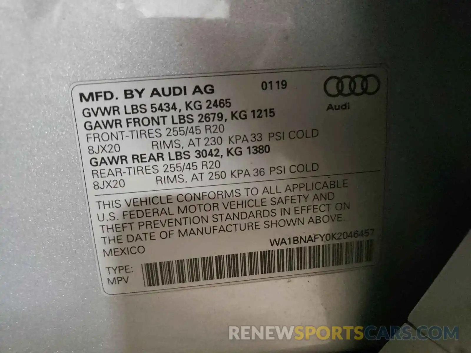 10 Фотография поврежденного автомобиля WA1BNAFY0K2046457 AUDI Q5 2019