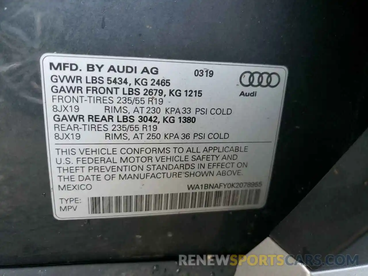 10 Фотография поврежденного автомобиля WA1BNAFY0K2078955 AUDI Q5 2019