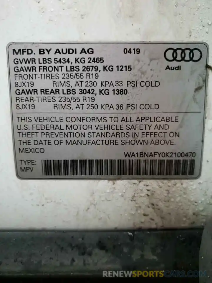 10 Photograph of a damaged car WA1BNAFY0K2100470 AUDI Q5 2019