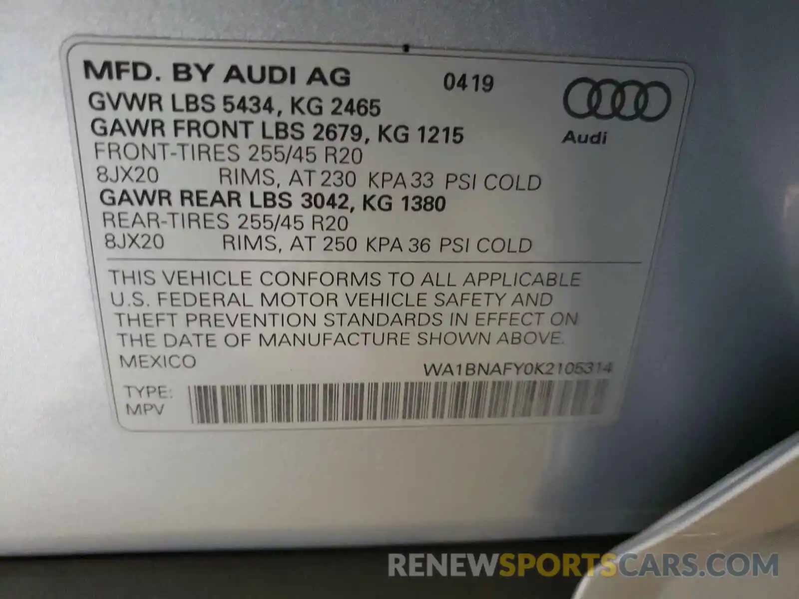 10 Photograph of a damaged car WA1BNAFY0K2105314 AUDI Q5 2019