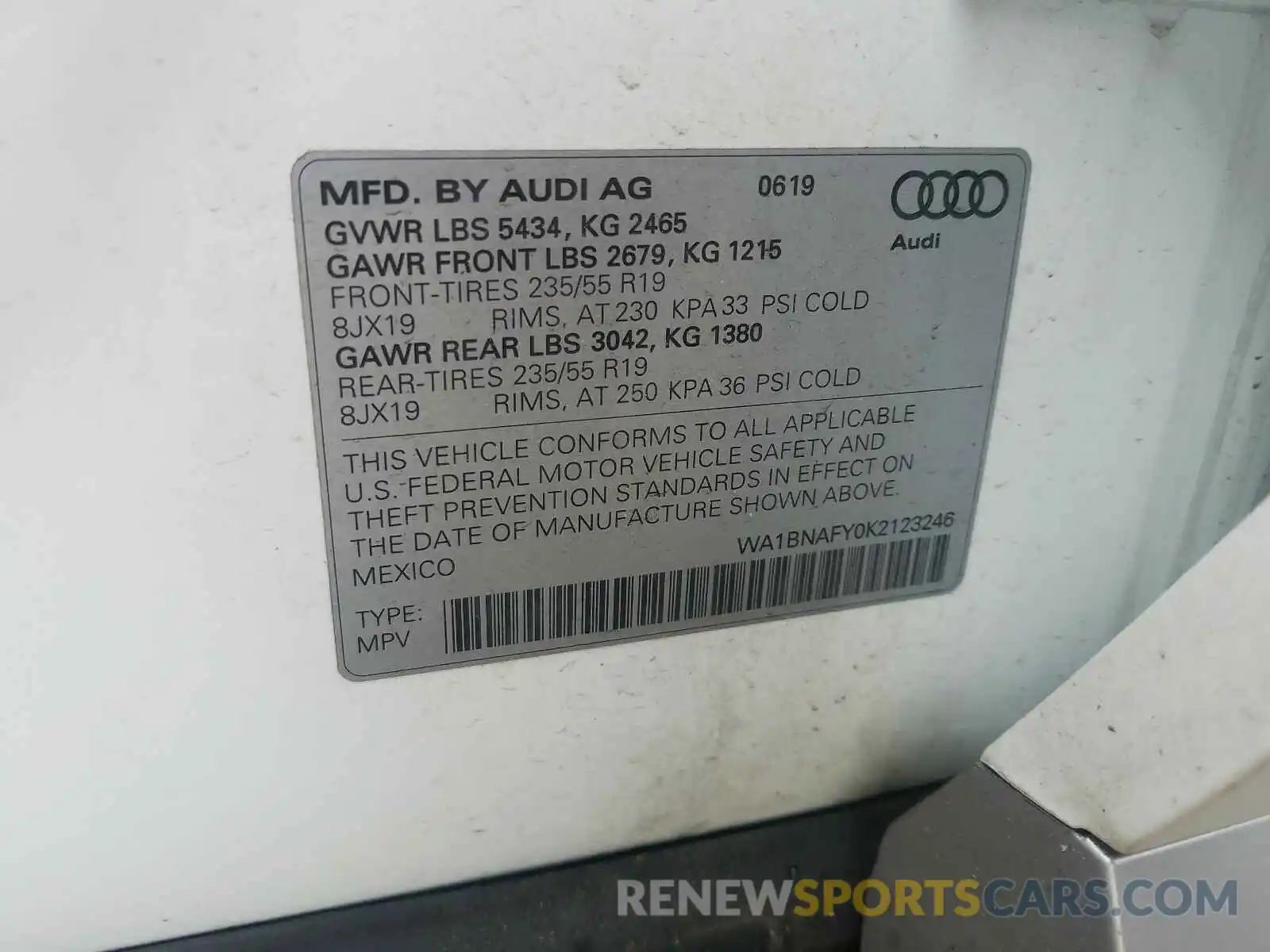 10 Фотография поврежденного автомобиля WA1BNAFY0K2123246 AUDI Q5 2019