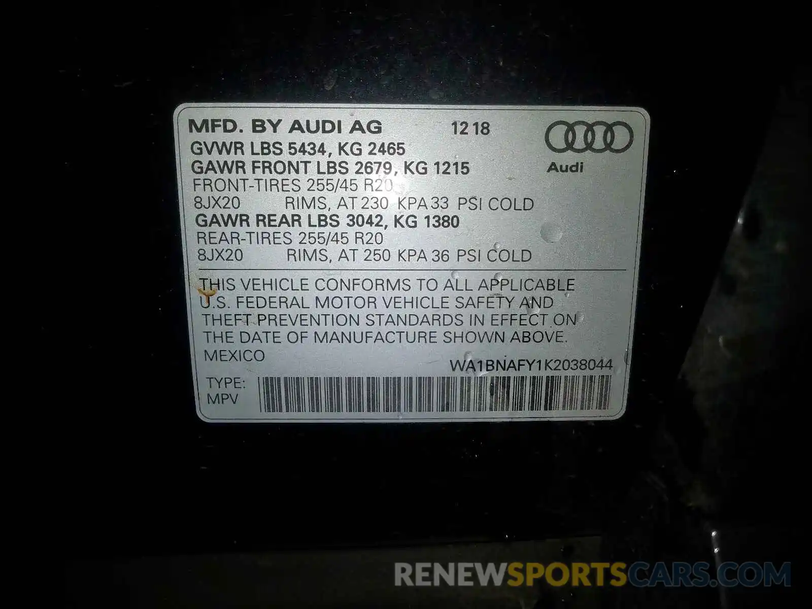 10 Photograph of a damaged car WA1BNAFY1K2038044 AUDI Q5 2019