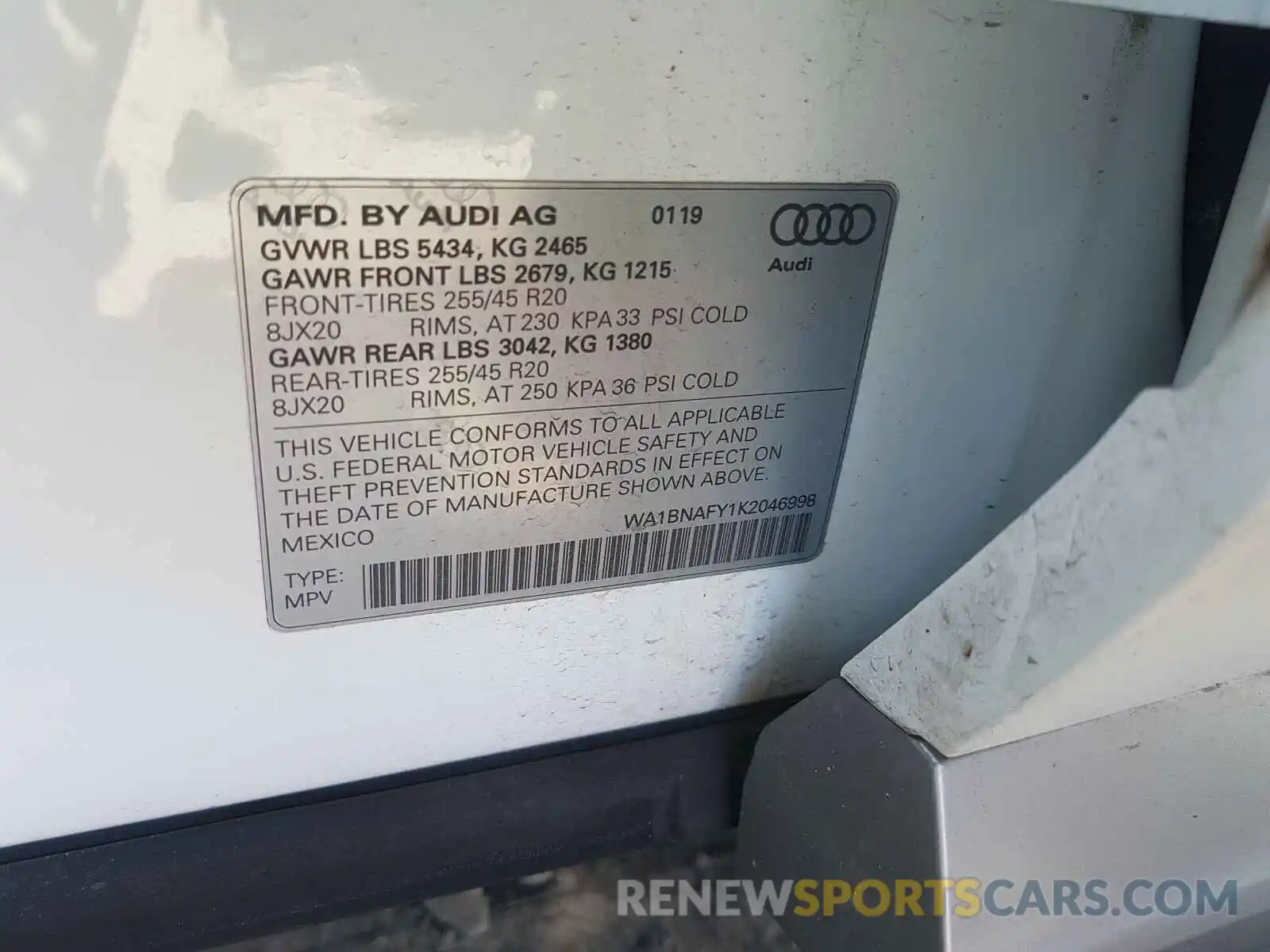 10 Фотография поврежденного автомобиля WA1BNAFY1K2046998 AUDI Q5 2019