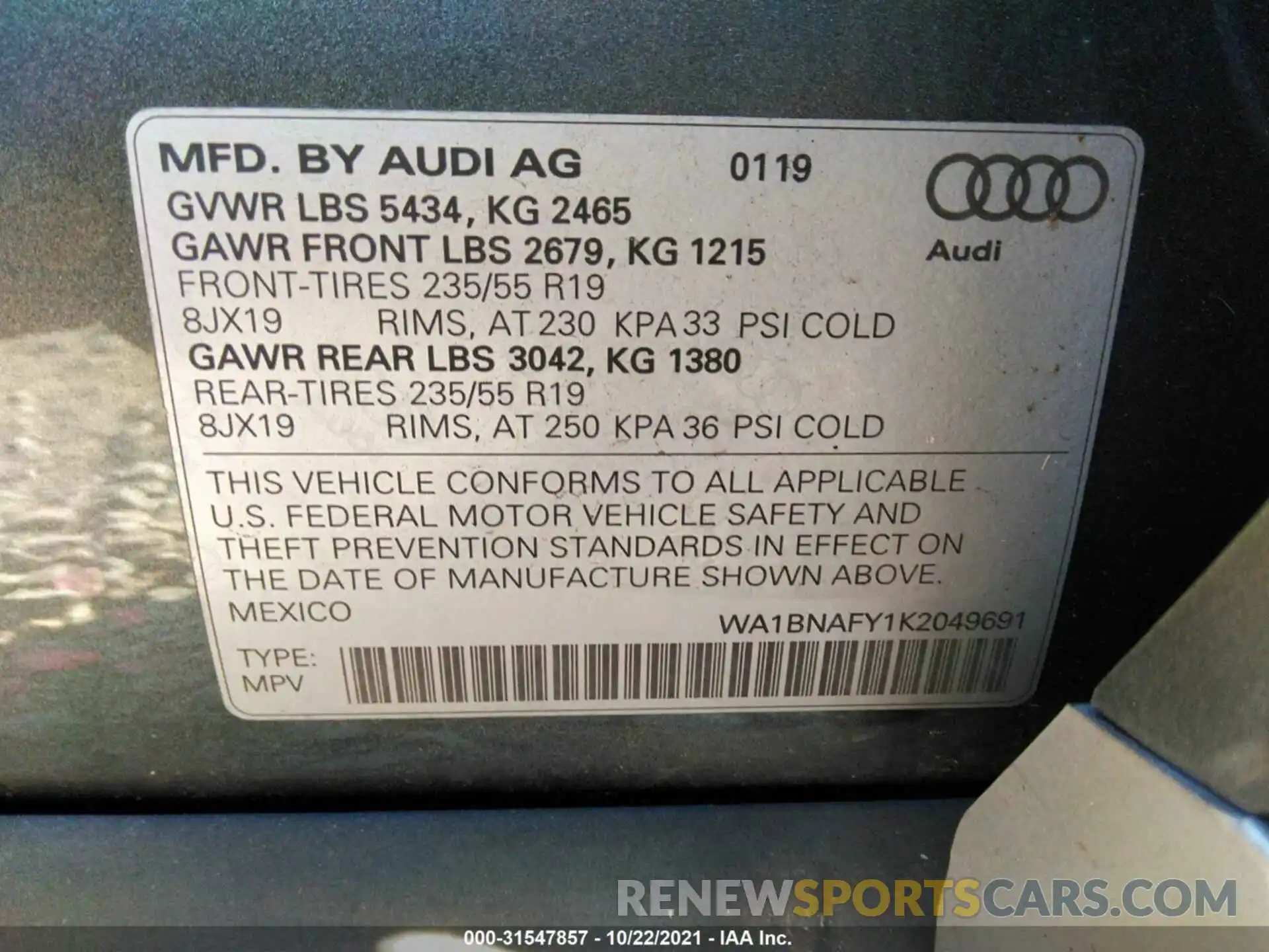 9 Photograph of a damaged car WA1BNAFY1K2049691 AUDI Q5 2019