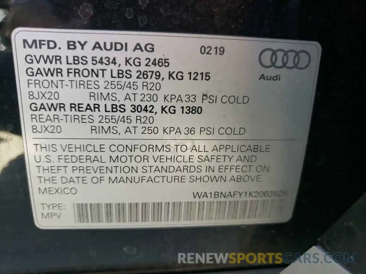 10 Photograph of a damaged car WA1BNAFY1K2063526 AUDI Q5 2019