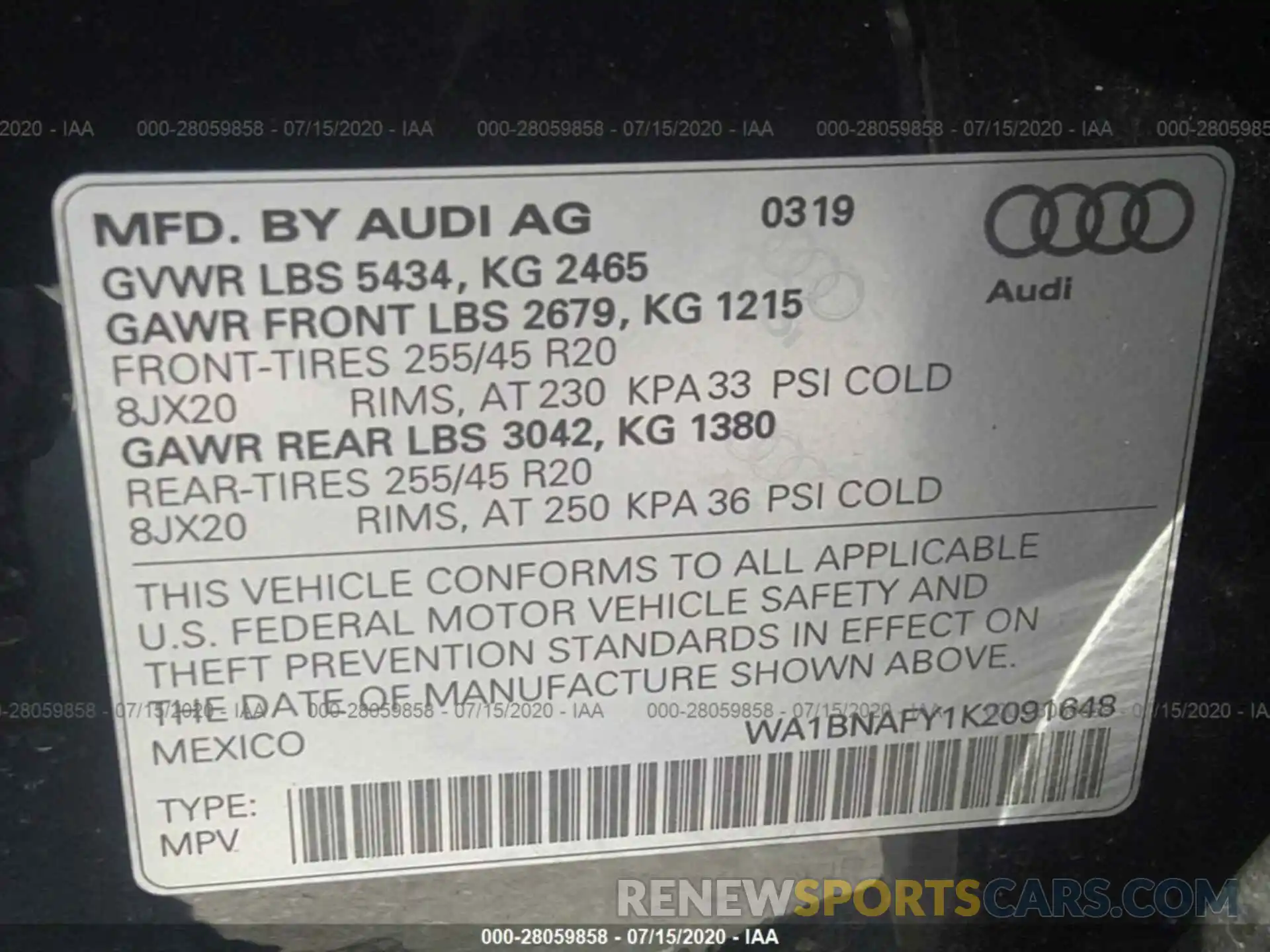 9 Photograph of a damaged car WA1BNAFY1K2091648 AUDI Q5 2019