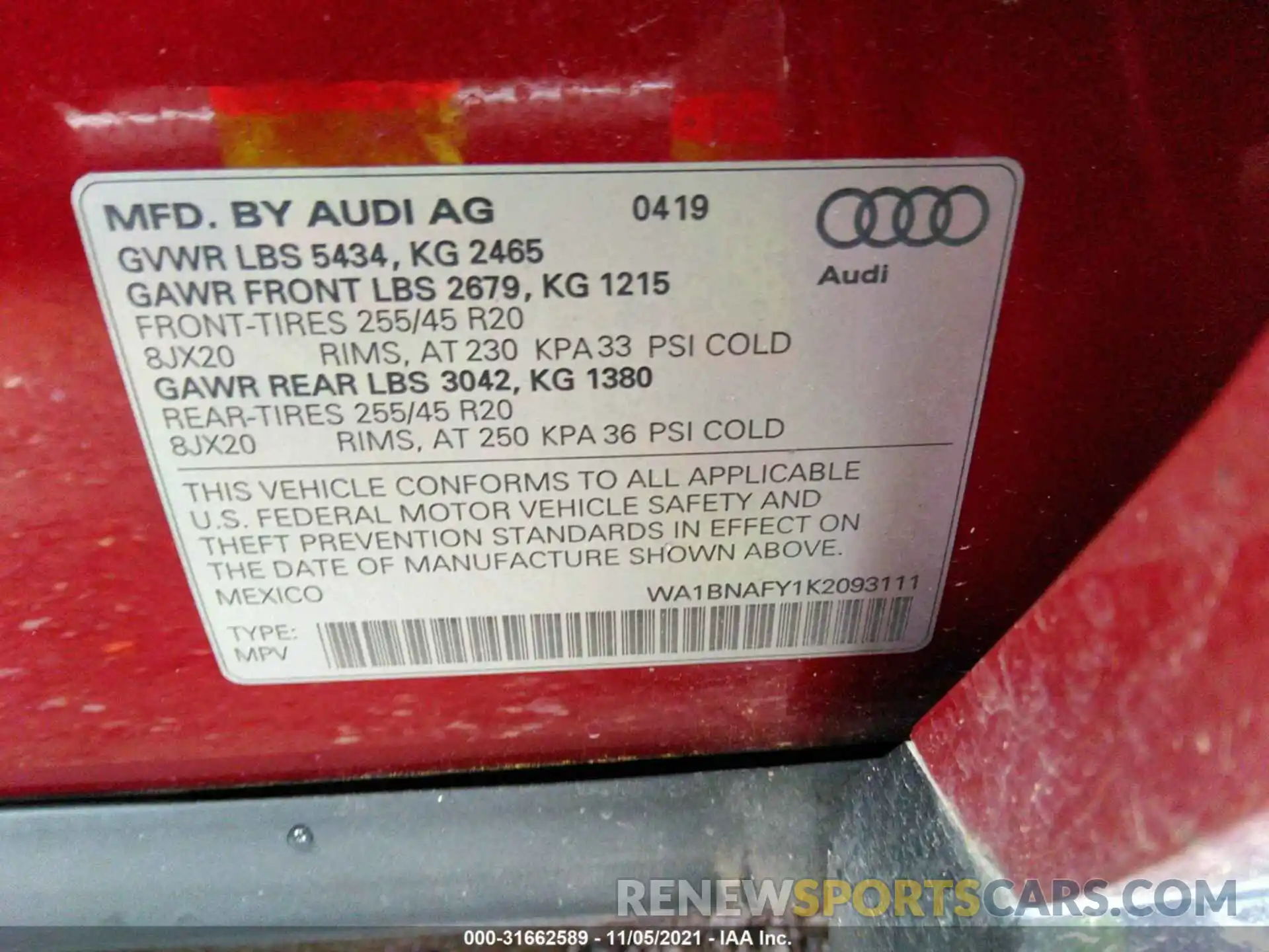 9 Фотография поврежденного автомобиля WA1BNAFY1K2093111 AUDI Q5 2019